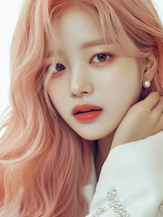 high-fashion magazine cover photo with clean empty space at the top, close portrait, chin resting on her hand, calm gaze into the lens. a Korean woman aged 23 with a soft oval face