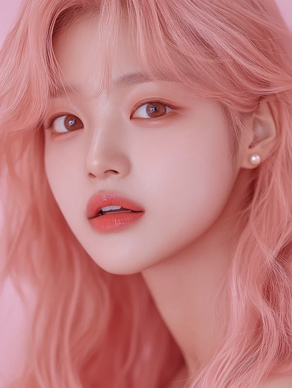 close-up, the face filling the frame, eyes lifted toward soft light. a Korean woman aged 23 with a soft oval face and full cheeks, warm dark brown eyes, a tiny beauty mark under her right eye, long wa