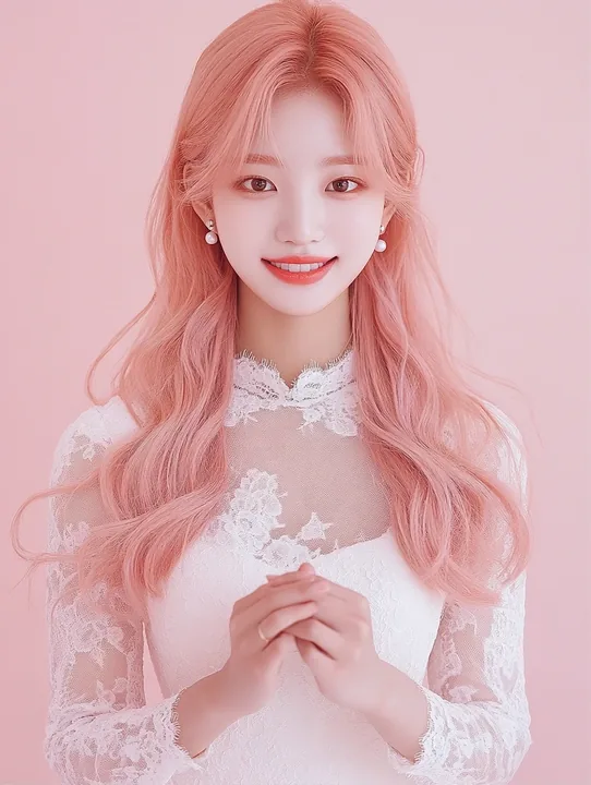 medium shot from the waist up, hands loosely together, gentle smile. a Korean woman aged 23 with a soft oval face and full cheeks, warm dark brown eyes, a tiny beauty mark under he