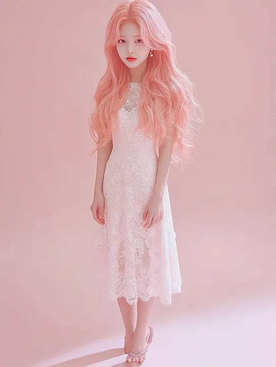 full length, standing in the centre, front view. a Korean woman with long wavy pastel peach-pink hair and a small pearl stud earring. white lace dress, bare feet. pale pink seamles