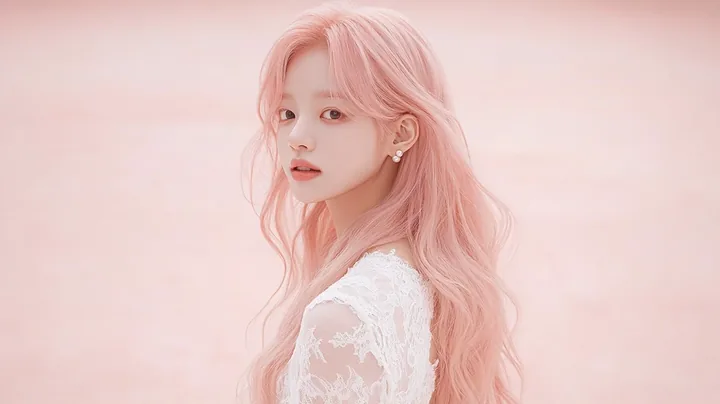 wide shot, a small figure in the middle of a vast pale pink studio, lots of empty space around her. a Korean woman with long wavy pastel peach-pink hair and a small pearl stud earr