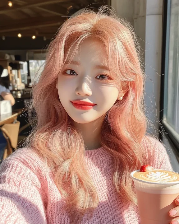 phone selfie in a sunny café, holding a strawberry latte, a soft wink, natural and candid. a Korean woman aged 23 with a soft oval face and full cheeks, warm dark brown eyes, a tin