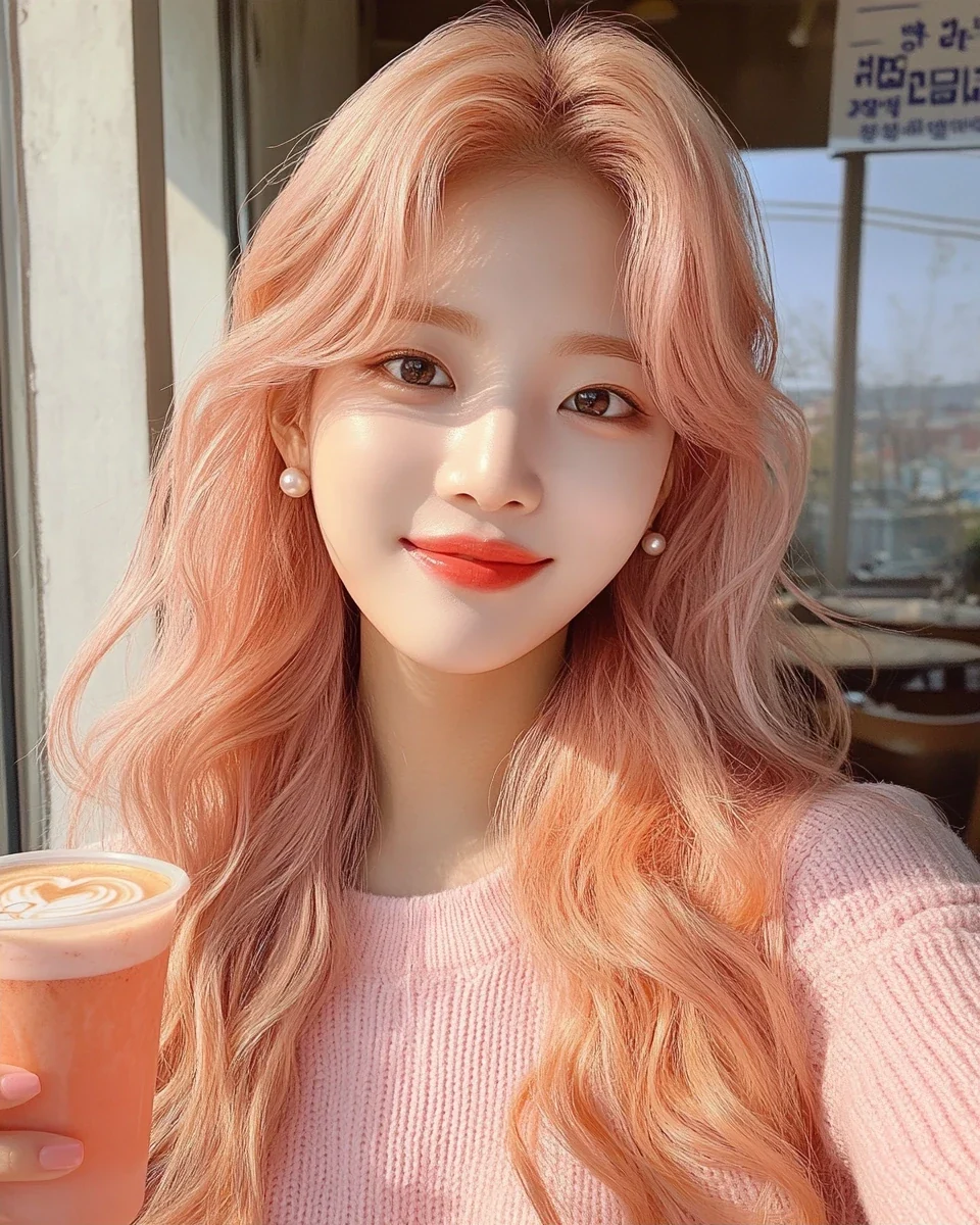 phone selfie in a sunny café, holding a strawberry latte, a soft wink, natural and candid. a Korean woman aged 23 with a soft oval face and full cheeks, warm dark brown eyes, a tiny beauty mark under