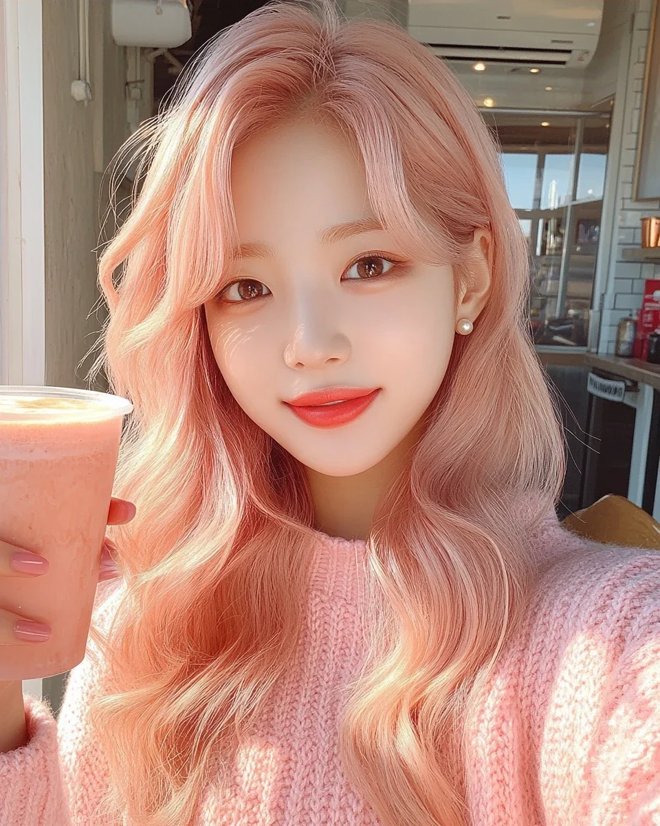 phone selfie in a sunny café, holding a strawberry latte, a soft wink, natural and candid. a Korean woman aged 23 with a soft oval face and full cheeks, warm dark brown eyes, a tiny beauty mark under