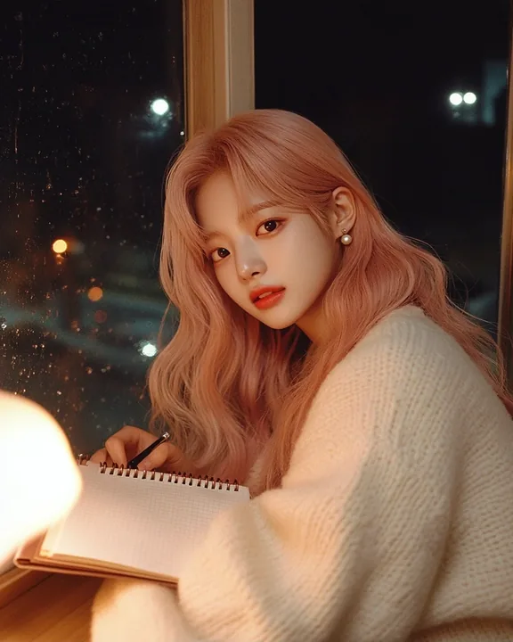 photobook shot, curled up on a window seat at night with a notebook, writing lyrics, warm lamp, rain outside. a Korean woman aged 23 with a soft oval face and full cheeks, warm dar