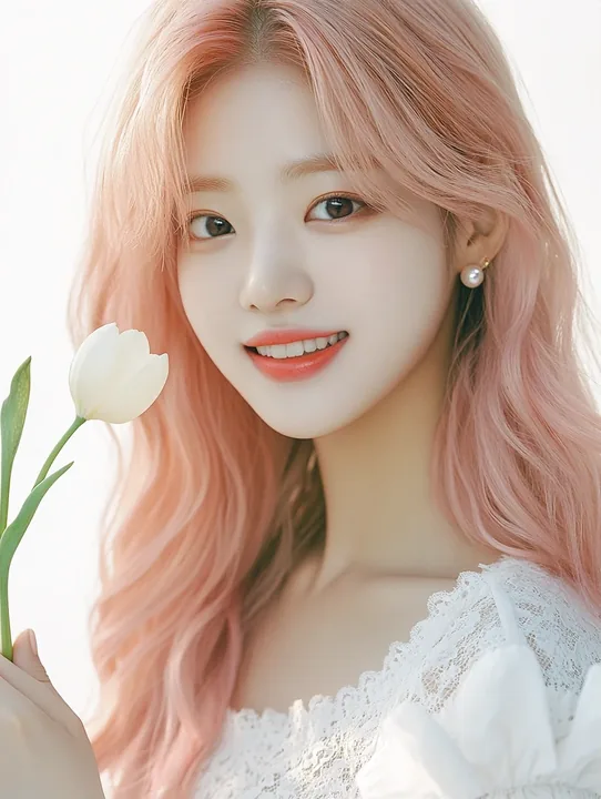 medium shot, soft smile, holding a single white tulip. a Korean woman aged 23 with a soft oval face and full cheeks, warm dark brown eyes, a tiny beauty mark under her right eye, l