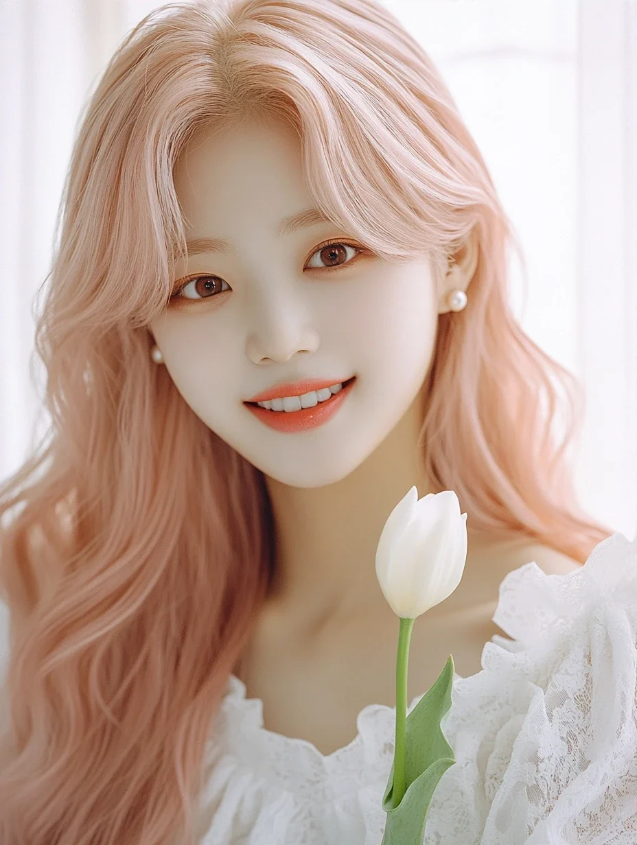 medium shot, soft smile, holding a single white tulip. a Korean woman aged 23 with a soft oval face and full cheeks, warm dark brown eyes, a tiny beauty mark under her right eye, long wavy pastel peac