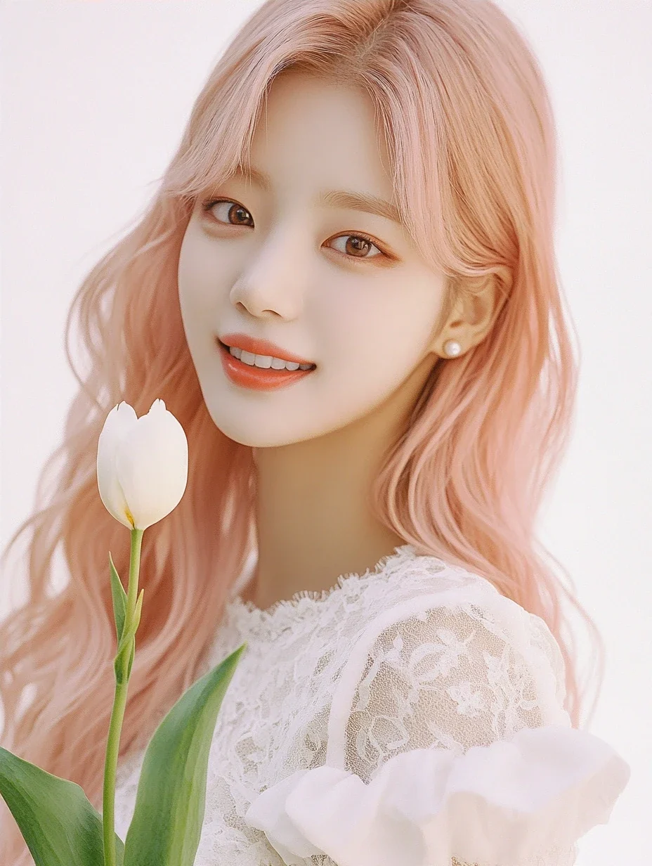 medium shot, soft smile, holding a single white tulip. a Korean woman aged 23 with a soft oval face and full cheeks, warm dark brown eyes, a tiny beauty mark under her right eye, long wavy pastel peac