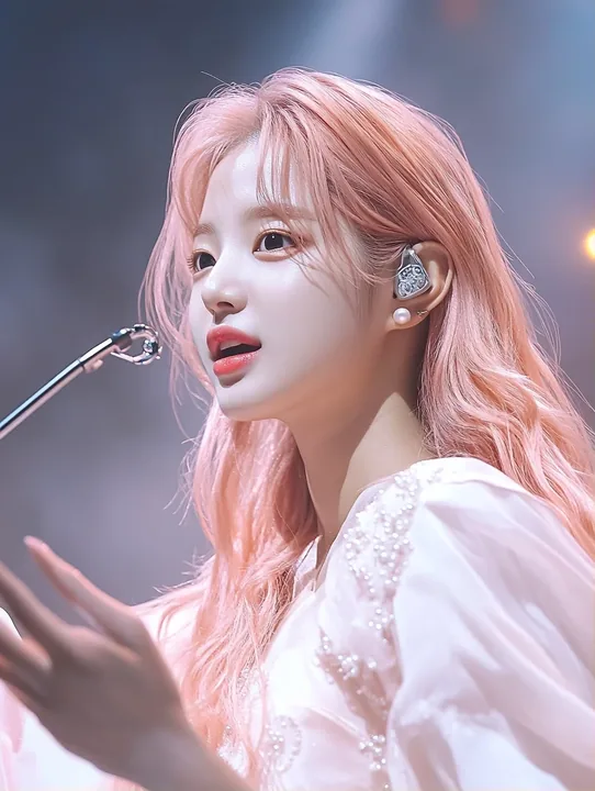 medium shot, singing into a slim headset microphone, one hand reaching out. a Korean woman aged 23 with a soft oval face and full cheeks, warm dark brown eyes, a tiny beauty mark u