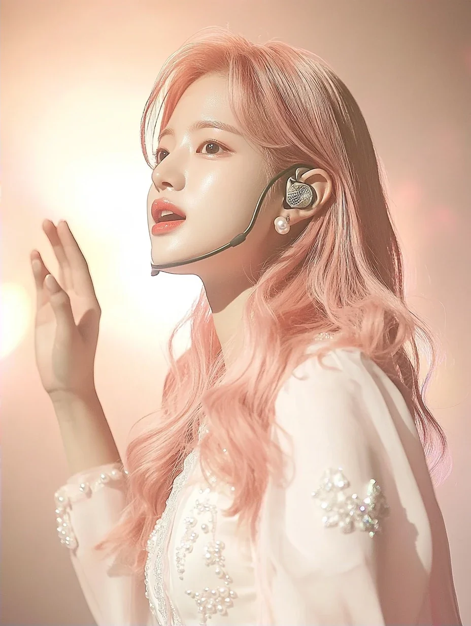 medium shot, singing into a slim headset microphone, one hand reaching out. a Korean woman aged 23 with a soft oval face and full cheeks, warm dark brown eyes, a tiny beauty mark under her right eye,