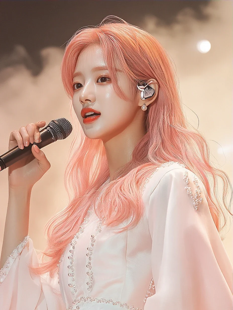 medium shot, singing into a slim headset microphone, one hand reaching out. a Korean woman aged 23 with a soft oval face and full cheeks, warm dark brown eyes, a tiny beauty mark under her right eye,