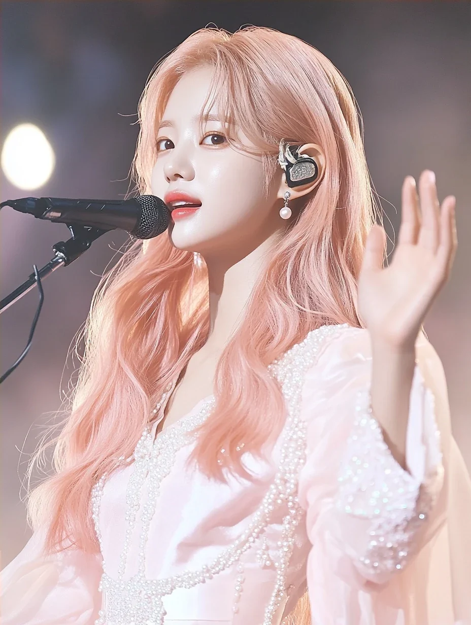 medium shot, singing into a slim headset microphone, one hand reaching out. a Korean woman aged 23 with a soft oval face and full cheeks, warm dark brown eyes, a tiny beauty mark under her right eye,