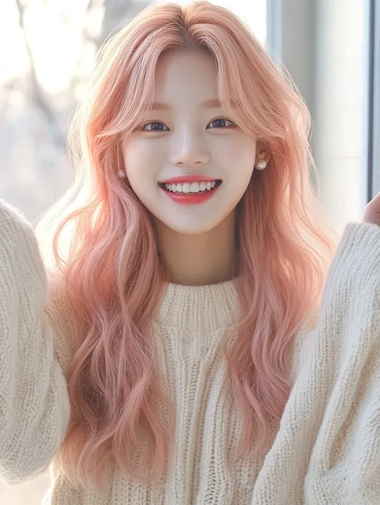 medium shot, laughing, sleeves pulled over her hands. a Korean woman aged 23 with a soft oval face and full cheeks, warm dark brown eyes, a tiny beauty mark under her right eye, lo
