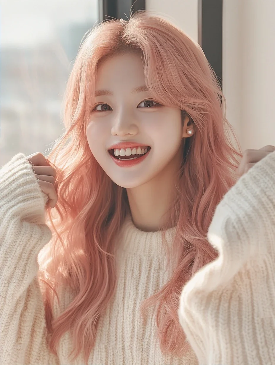 medium shot, laughing, sleeves pulled over her hands. a Korean woman aged 23 with a soft oval face and full cheeks, warm dark brown eyes, a tiny beauty mark under her right eye, long wavy pastel peach