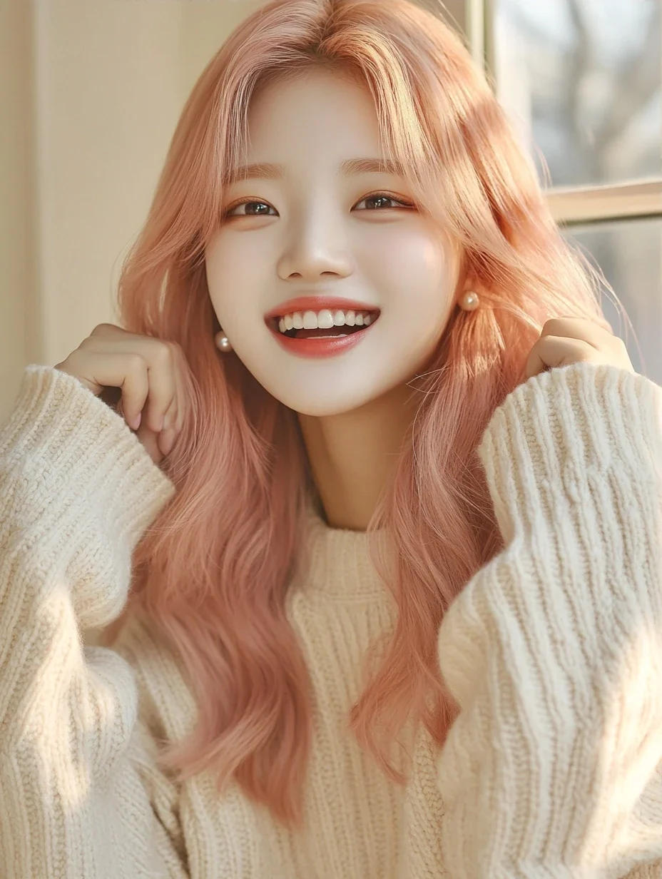 medium shot, laughing, sleeves pulled over her hands. a Korean woman aged 23 with a soft oval face and full cheeks, warm dark brown eyes, a tiny beauty mark under her right eye, long wavy pastel peach