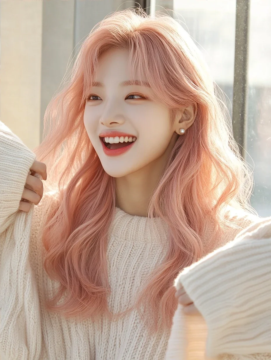 medium shot, laughing, sleeves pulled over her hands. a Korean woman aged 23 with a soft oval face and full cheeks, warm dark brown eyes, a tiny beauty mark under her right eye, long wavy pastel peach