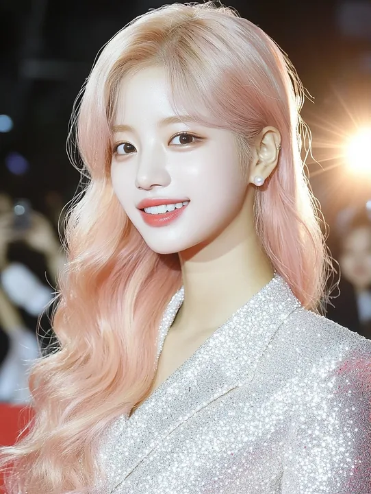 medium shot on a red carpet, calm elegant smile, camera flashes. a Korean woman aged 23 with a soft oval face and full cheeks, warm dark brown eyes, a tiny beauty mark under her ri