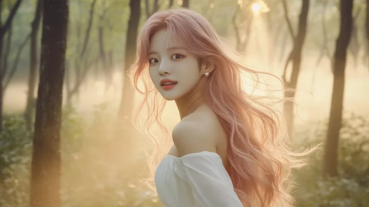 running barefoot through a misty forest at dawn, looking back over her shoulder with a soft smile, sunbeams through the trees. a Korean woman aged 23 with a soft oval face and full