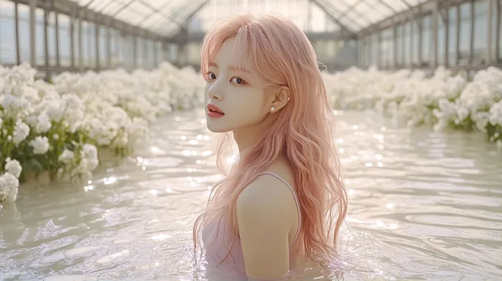 standing ankle-deep in water inside an old glass greenhouse full of white flowers, light rippling on the glass ceiling. a Korean woman with long wavy pastel peach-pink hair and a s