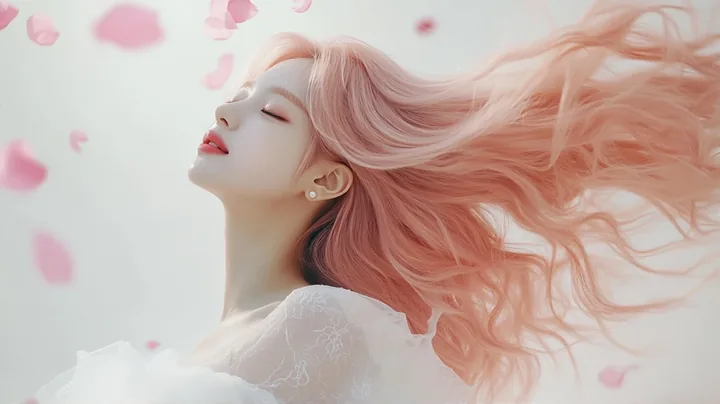 floating in mid-air in slow motion among pink petals in a white room, hair and dress drifting upward, eyes closed. a Korean woman with long wavy pastel peach-pink hair and a small 