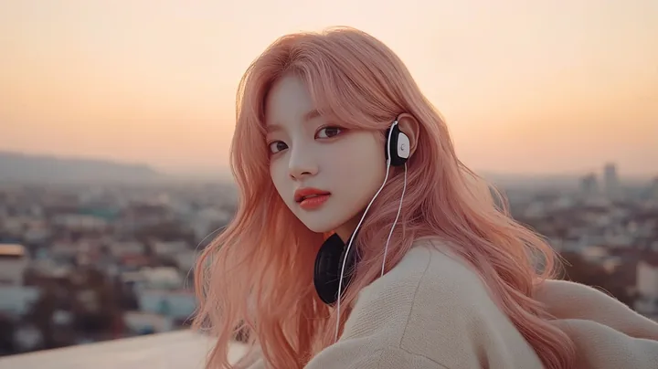 sitting on a rooftop edge at sunset, cotton-candy sky, city soft below, singing quietly to herself, headphones around her neck. a Korean woman aged 23 with a soft oval face and ful