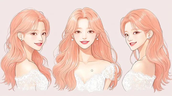 anime character design of an idol, front bust portrait and three expressions: smile, wink, singing. an adult anime woman with long wavy pastel peach-pink hair, a small pearl stud e