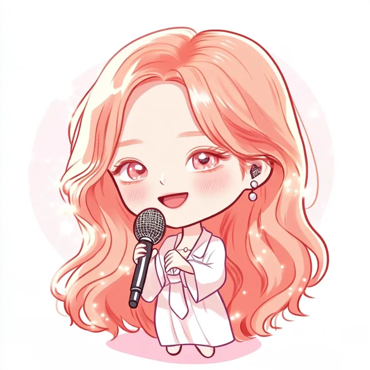 cute chibi avatar of the same idol, big head small body, holding a microphone, sparkles around her. an adult anime woman with long wavy pastel peach-pink hair, a small pearl stud e