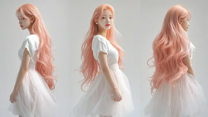 character turnaround sheet, the same person shown front, three-quarter, profile and back, full length, standing relaxed. a Korean woman with long wavy pastel peach-pink hair and a 