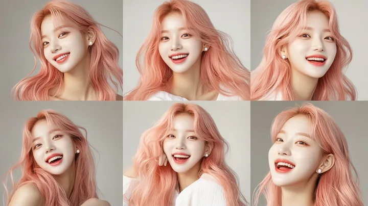 character expression sheet, six head-and-shoulders portraits of the same person: calm, bright smile, laughing, singing, eyes closed, looking over her shoulder. a Korean woman aged 
