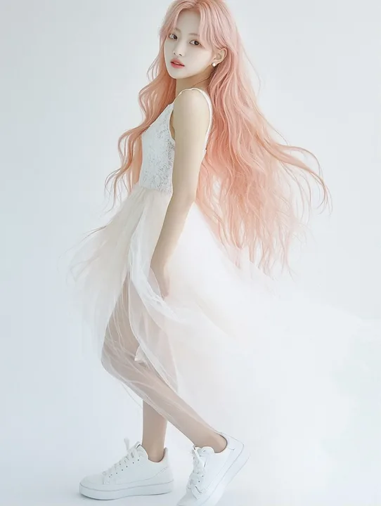 full body studio photo, standing relaxed, front view. a Korean woman with long wavy pastel peach-pink hair and a small pearl stud earring. flowing white tulle dress, white sneakers