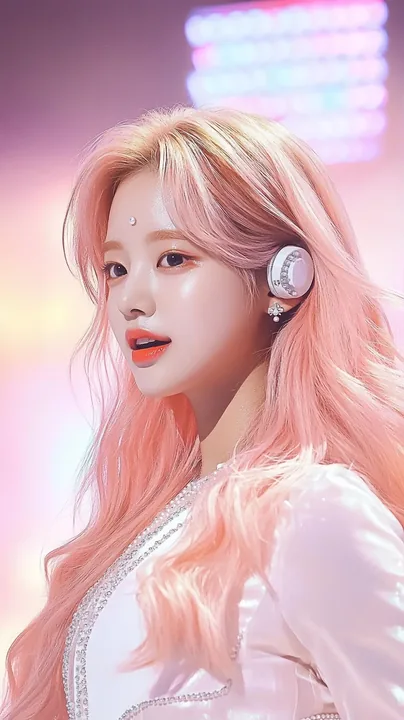 vertical fancam frame on a K-pop music show stage, singing into a slim headset microphone mid-choreography, hair in motion. a Korean woman aged 23 with a soft oval face and full ch