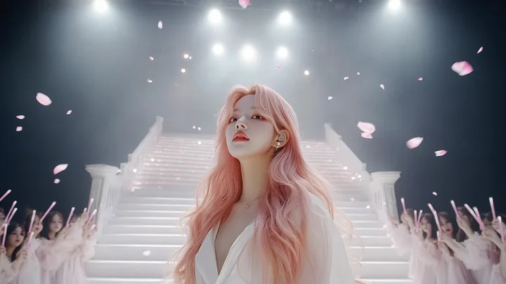 wide shot of a K-pop music show stage, she sings alone at centre on a white staircase set, petals falling from above, an audience with pale pink light sticks. a Korean woman with l