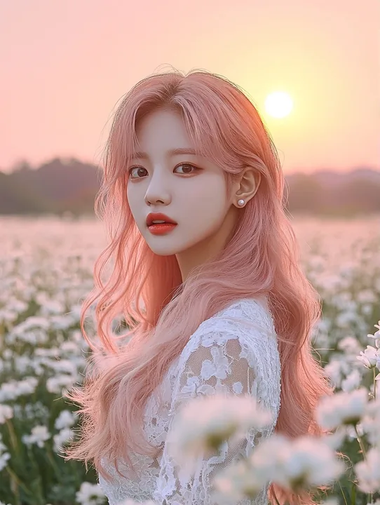 K-pop debut teaser photo, standing in a field of white flowers at dawn, mist, the first sun behind her. a Korean woman aged 23 with a soft oval face and full cheeks, warm dark brow