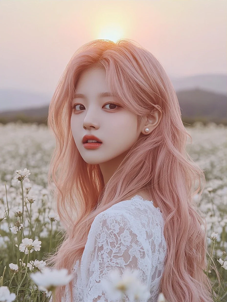 K-pop debut teaser photo, standing in a field of white flowers at dawn, mist, the first sun behind her. a Korean woman aged 23 with a soft oval face and full cheeks, warm dark brown eyes, a tiny beaut