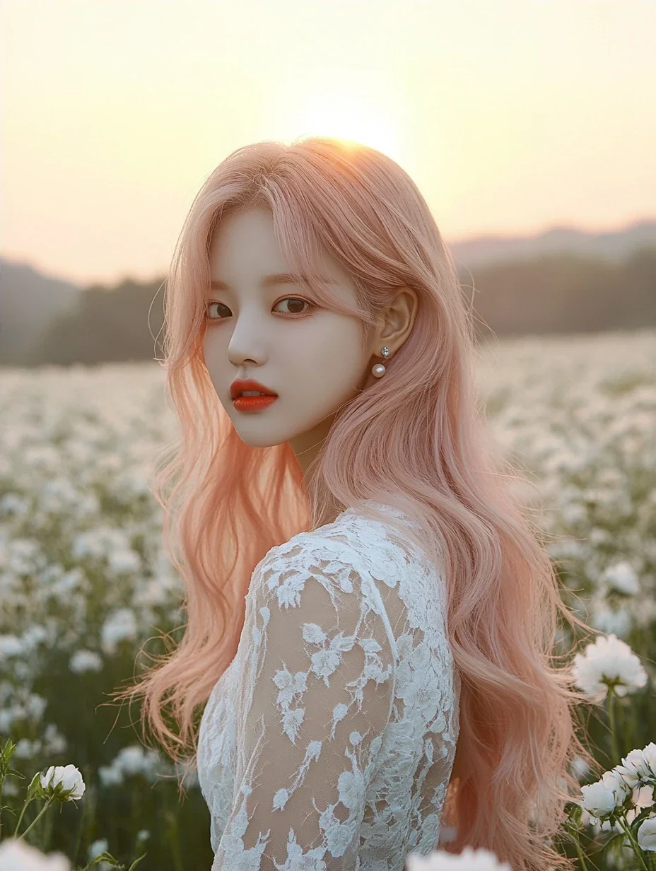 K-pop debut teaser photo, standing in a field of white flowers at dawn, mist, the first sun behind her. a Korean woman aged 23 with a soft oval face and full cheeks, warm dark brown eyes, a tiny beaut