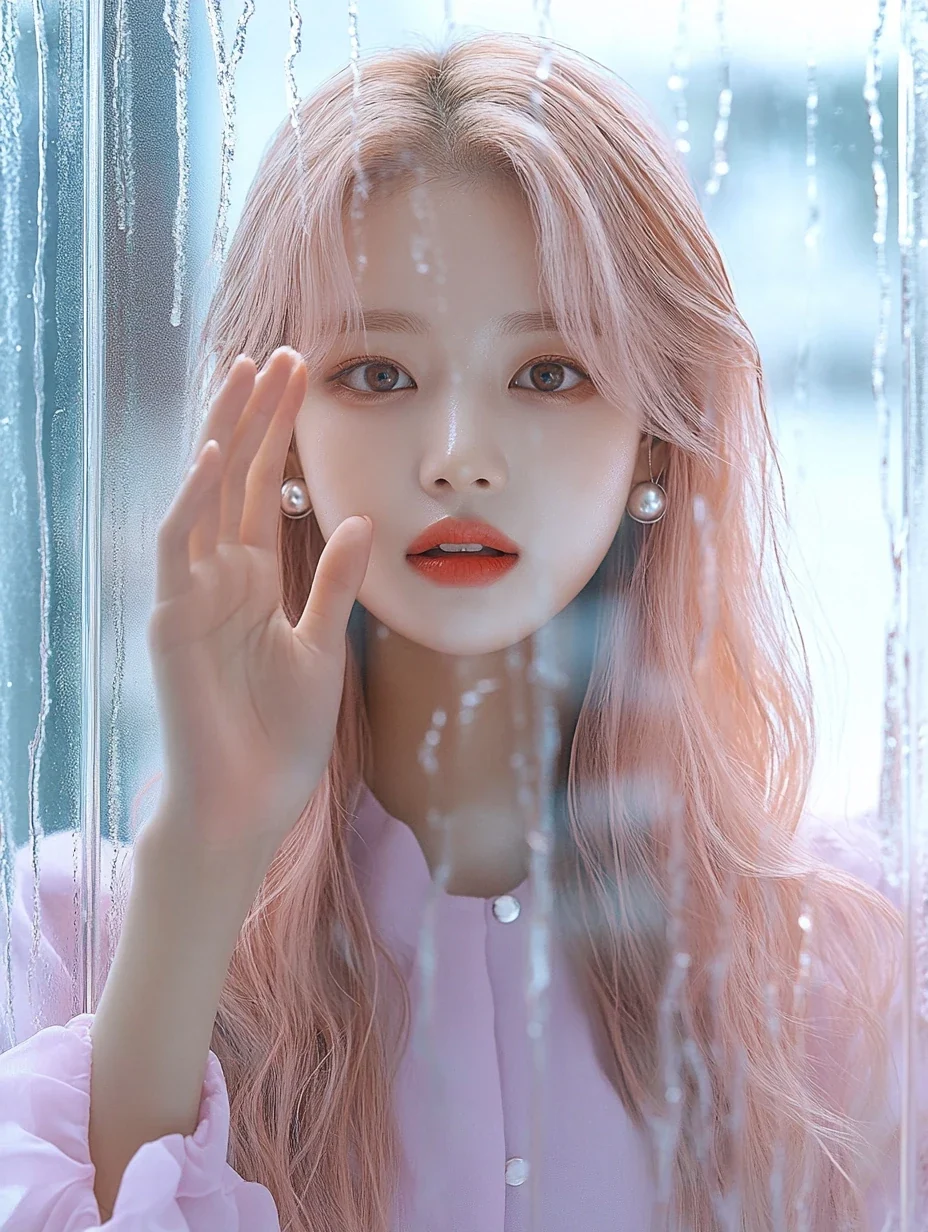 K-pop debut teaser photo, behind a tall rain-streaked glass window, one hand on the glass, soft pastel light blooming through the drops. a Korean woman aged 23 with a soft oval face and full cheeks, w