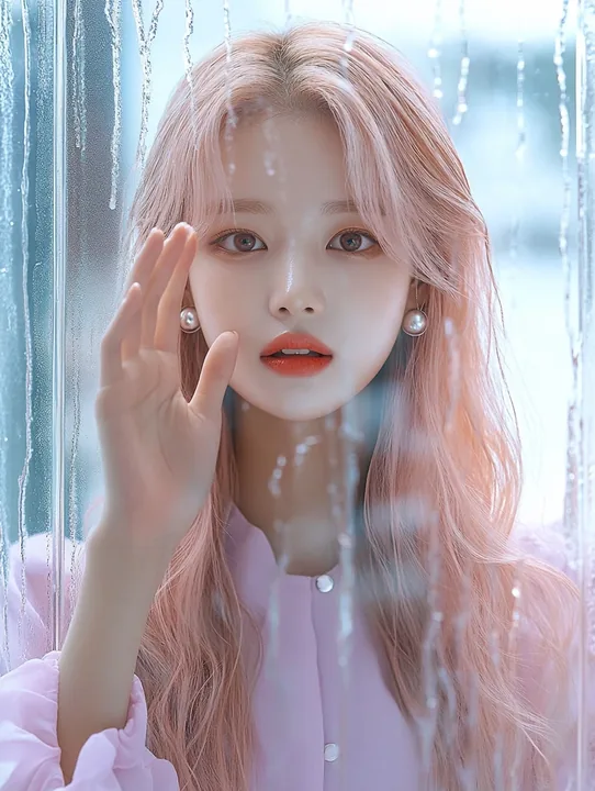 K-pop debut teaser photo, behind a tall rain-streaked glass window, one hand on the glass, soft pastel light blooming through the drops. a Korean woman aged 23 with a soft oval fac