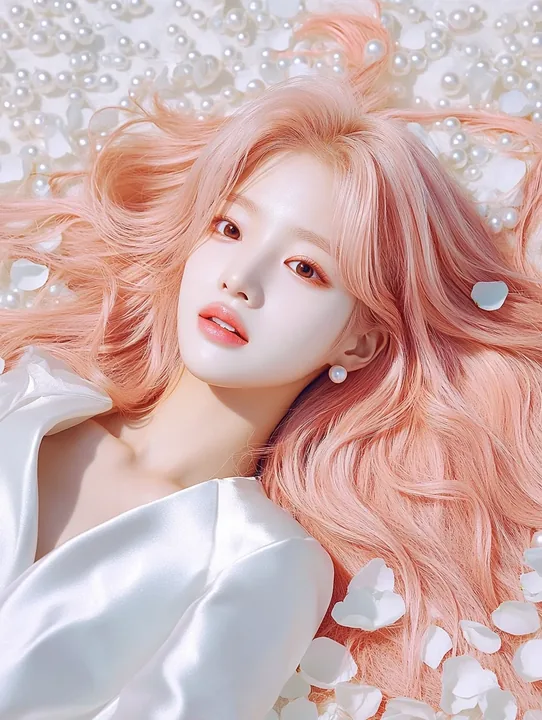 K-pop debut teaser photo, overhead shot, lying on a bed of white petals and scattered pearls, hair spread like a fan, eyes closed, a faint smile. a Korean woman aged 23 with a soft