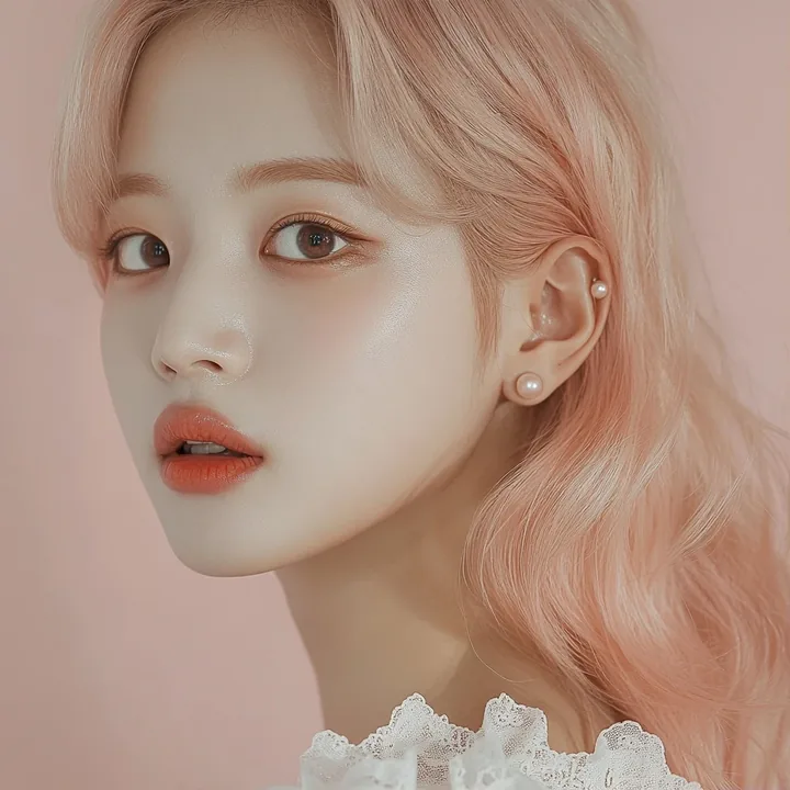 extreme close-up of her right ear: one small pearl stud earring, a strand of peach-pink hair tucked behind it, dewy skin. a Korean woman aged 23 with a soft oval face and full chee