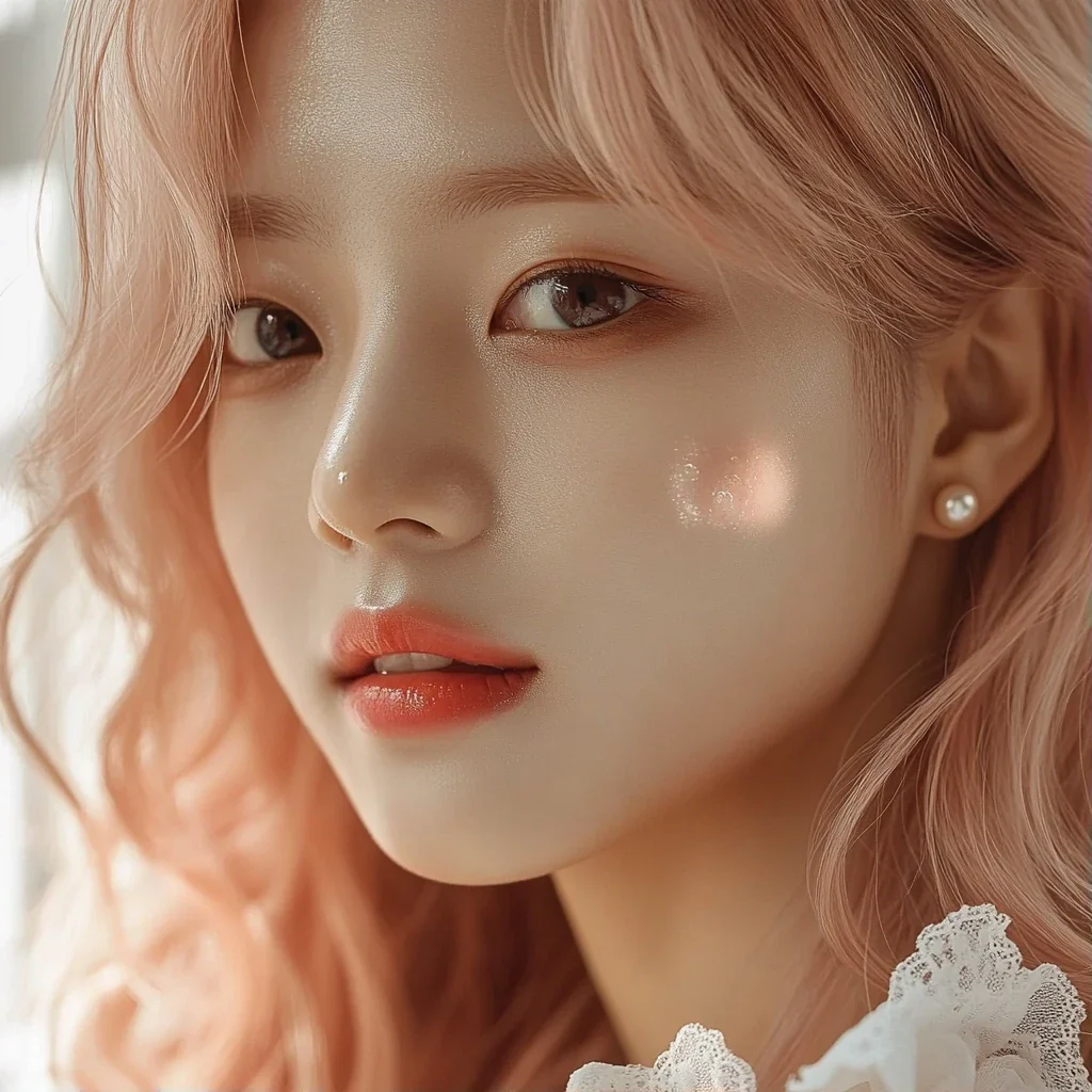 extreme close-up under her right eye: the tiny beauty mark, dewy skin texture, no makeup beyond a gloss. a Korean woman aged 23 with a soft oval face and full cheeks, warm dark brown eyes, a tiny beau