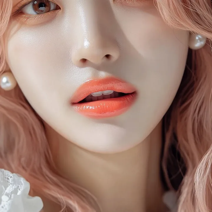 extreme close-up of her lips, glossy coral, the lower lip slightly parted, one soft highlight. a Korean woman aged 23 with a soft oval face and full cheeks, warm dark brown eyes, a