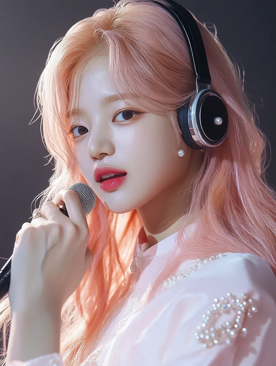 insert, one hand wrapped around the slim headset microphone, knuckles pale, a stage light glinting on the metal. a Korean woman aged 23 with a soft oval face and full cheeks, warm dark brown eyes, a t