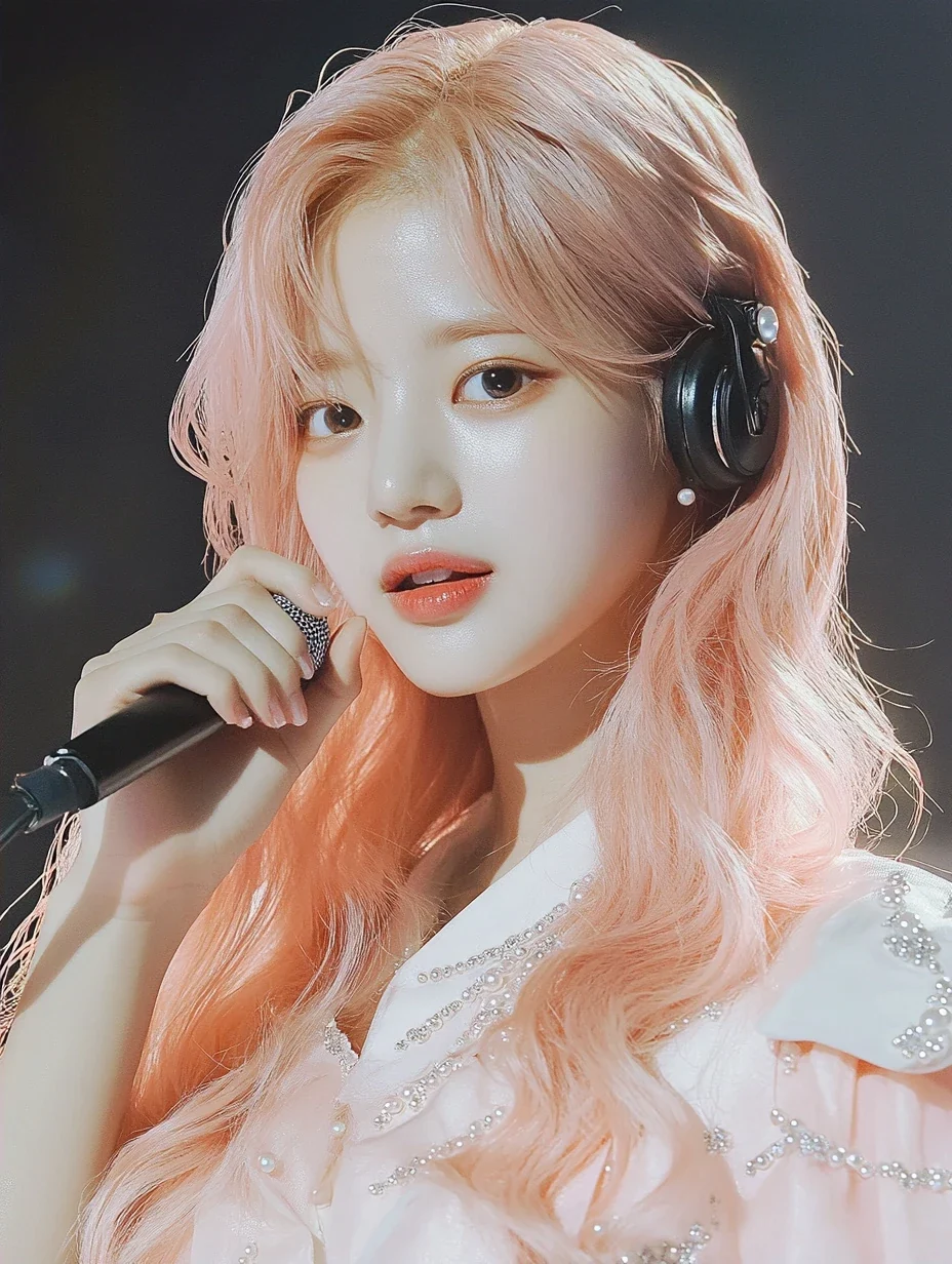 insert, one hand wrapped around the slim headset microphone, knuckles pale, a stage light glinting on the metal. a Korean woman aged 23 with a soft oval face and full cheeks, warm dark brown eyes, a t
