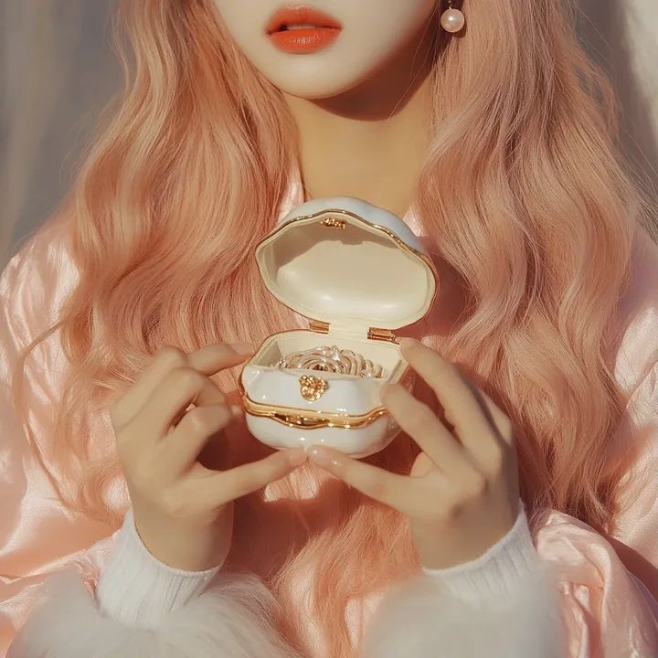 insert, both hands holding a small pearl-white music box, the lid just open, first light on the lacquer. a Korean woman with long wavy pastel peach-pink hair and a small pearl stud
