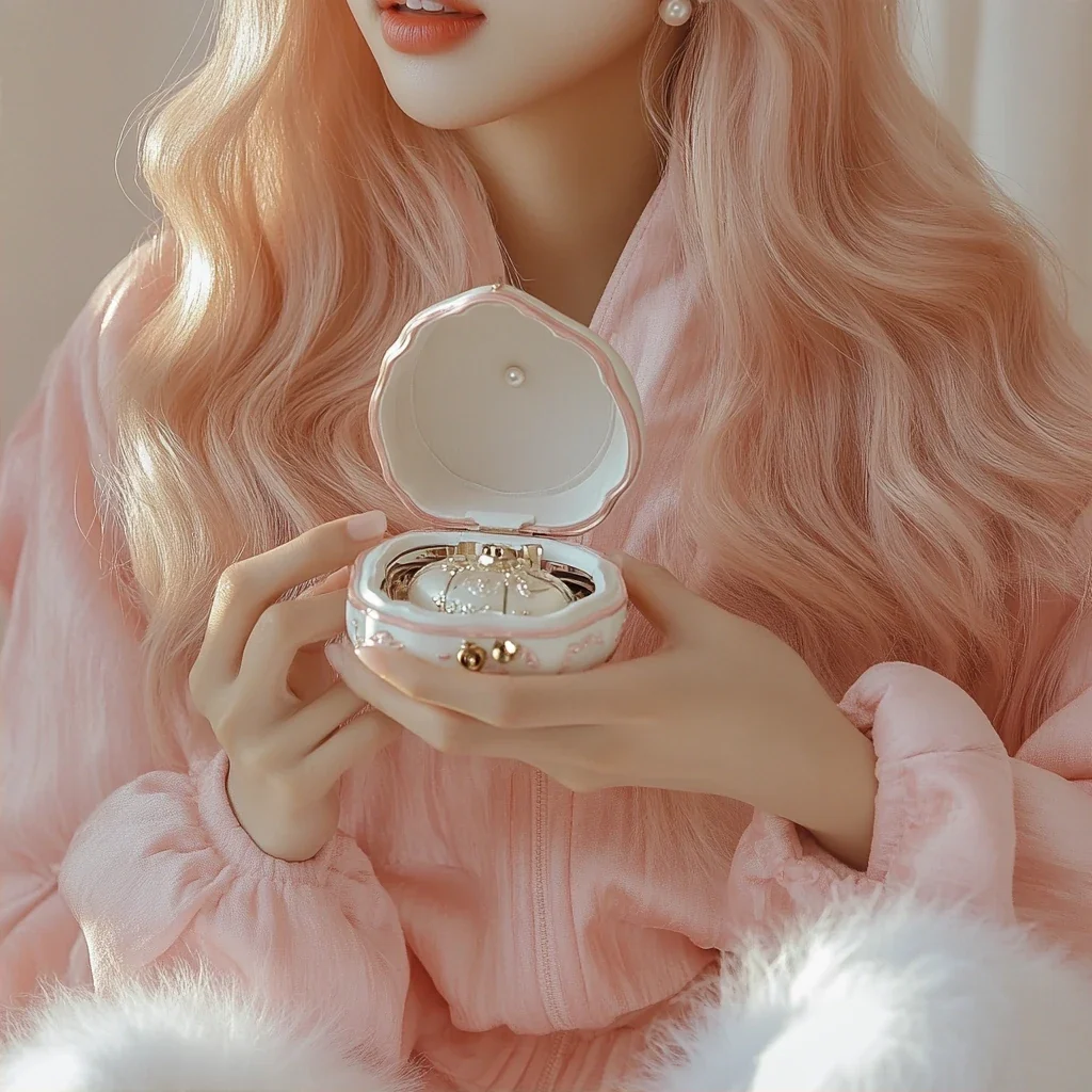 insert, both hands holding a small pearl-white music box, the lid just open, first light on the lacquer. a Korean woman with long wavy pastel peach-pink hair and a small pearl stud earring. oversized 