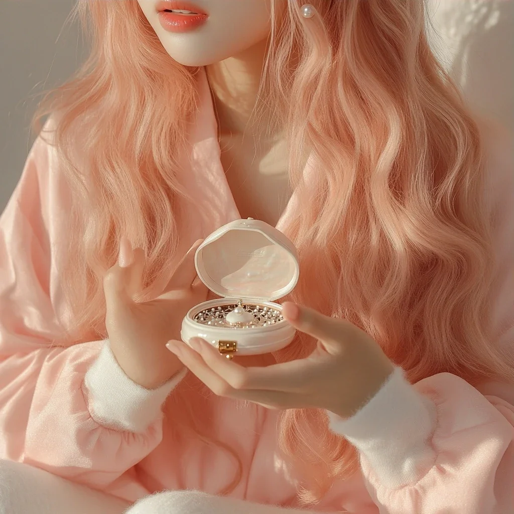 insert, both hands holding a small pearl-white music box, the lid just open, first light on the lacquer. a Korean woman with long wavy pastel peach-pink hair and a small pearl stud earring. oversized 