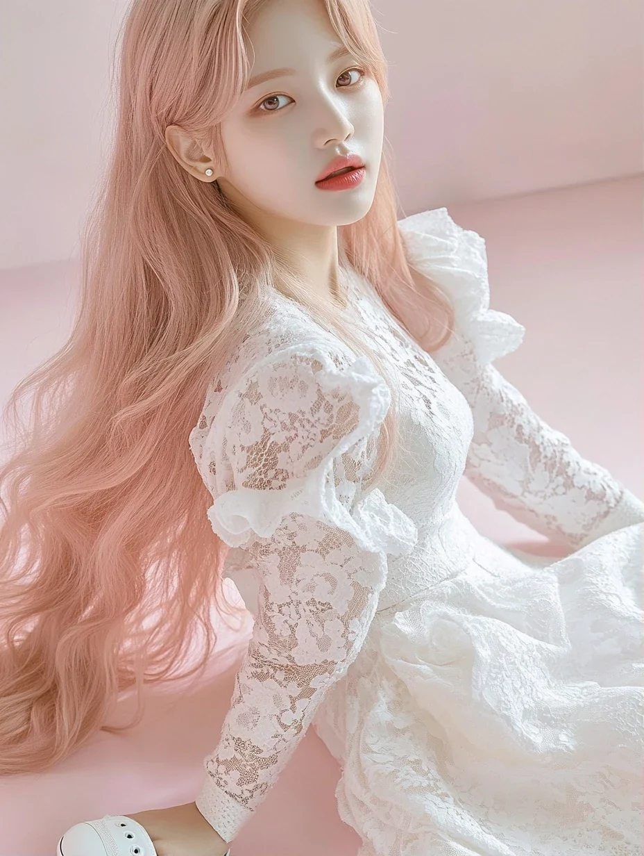 insert, the hem of a white lace dress and one white sneaker, toes turned in, on a pale pink floor. a Korean woman with long wavy pastel peach-pink hair and a small pearl stud earring. white lace dress