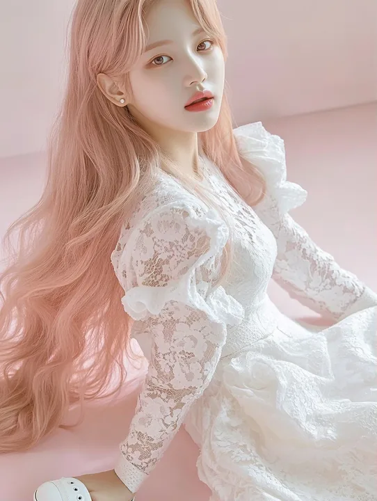 insert, the hem of a white lace dress and one white sneaker, toes turned in, on a pale pink floor. a Korean woman with long wavy pastel peach-pink hair and a small pearl stud earri