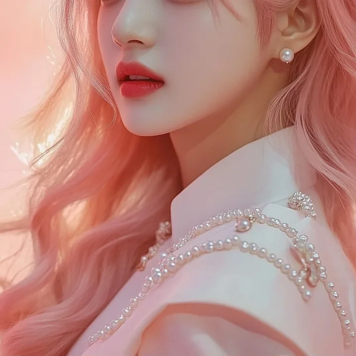 insert, the pearl-embroidered cuff and the clasp of the short cape in close detail, stage haze behind. a Korean woman aged 23 with a soft oval face and full cheeks, warm dark brown