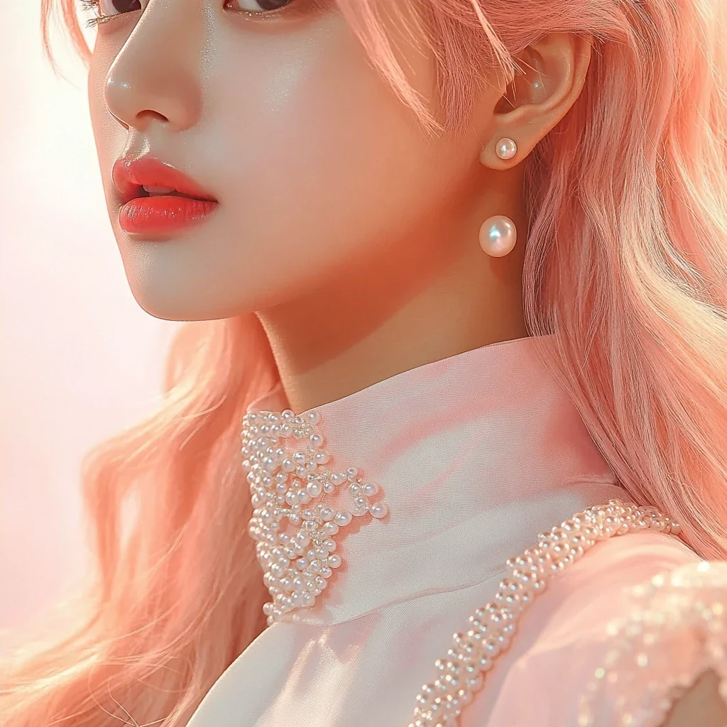 insert, the pearl-embroidered cuff and the clasp of the short cape in close detail, stage haze behind. a Korean woman aged 23 with a soft oval face and full cheeks, warm dark brown eyes, a tiny beauty